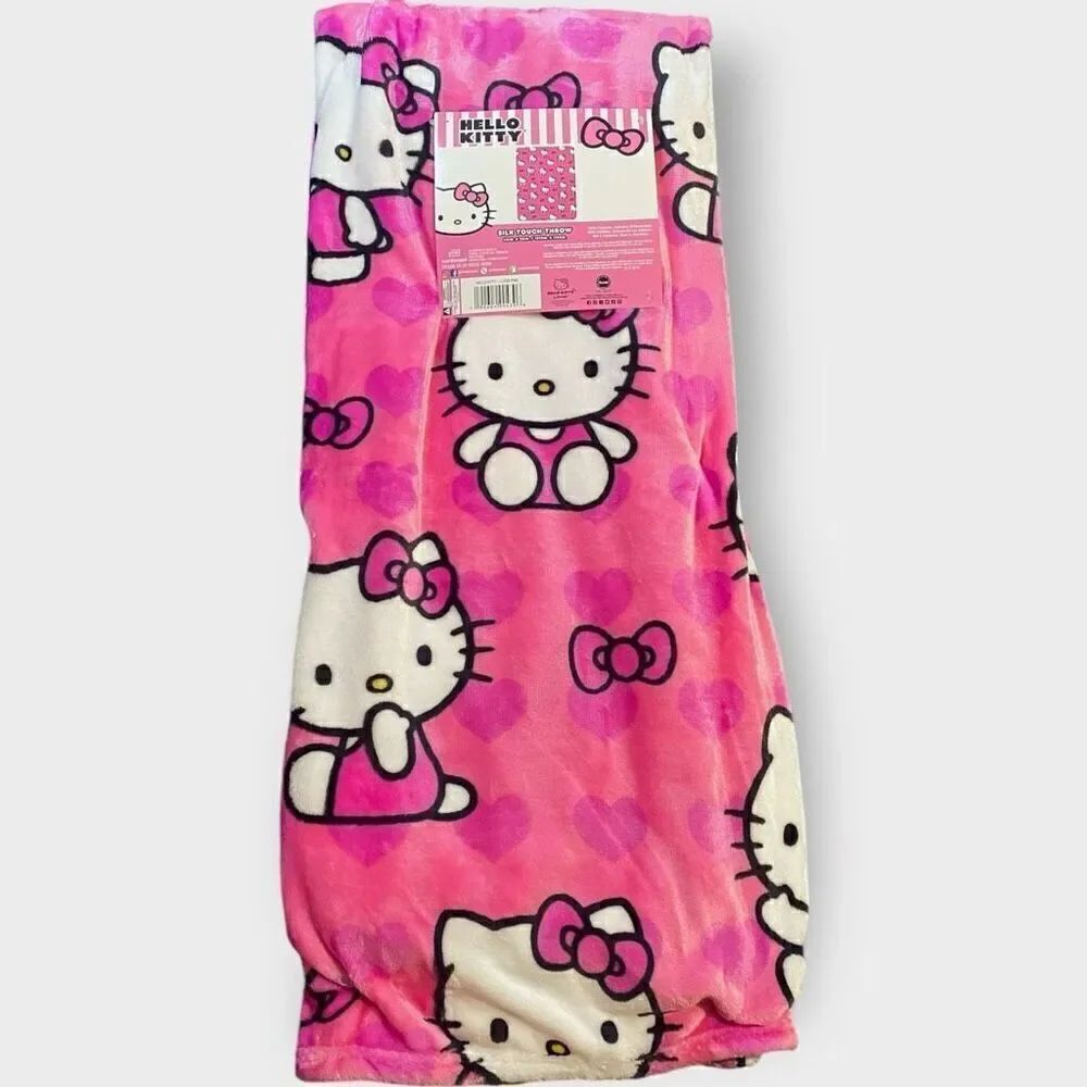 Hello Kitty “Poses and Hearts”' 50x70" Pink Silk Touch Plush Throw Blanket (b)